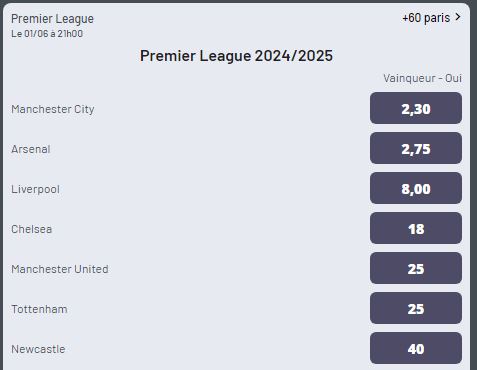 Cotes Premier League vainqueur